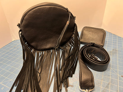 Round Canteen Bag Black Fringed