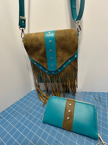 Cross Body bag, Turquoise and suede leather with fringe