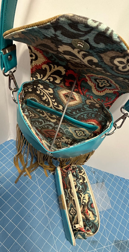 Cross Body bag, Turquoise and suede leather with fringe