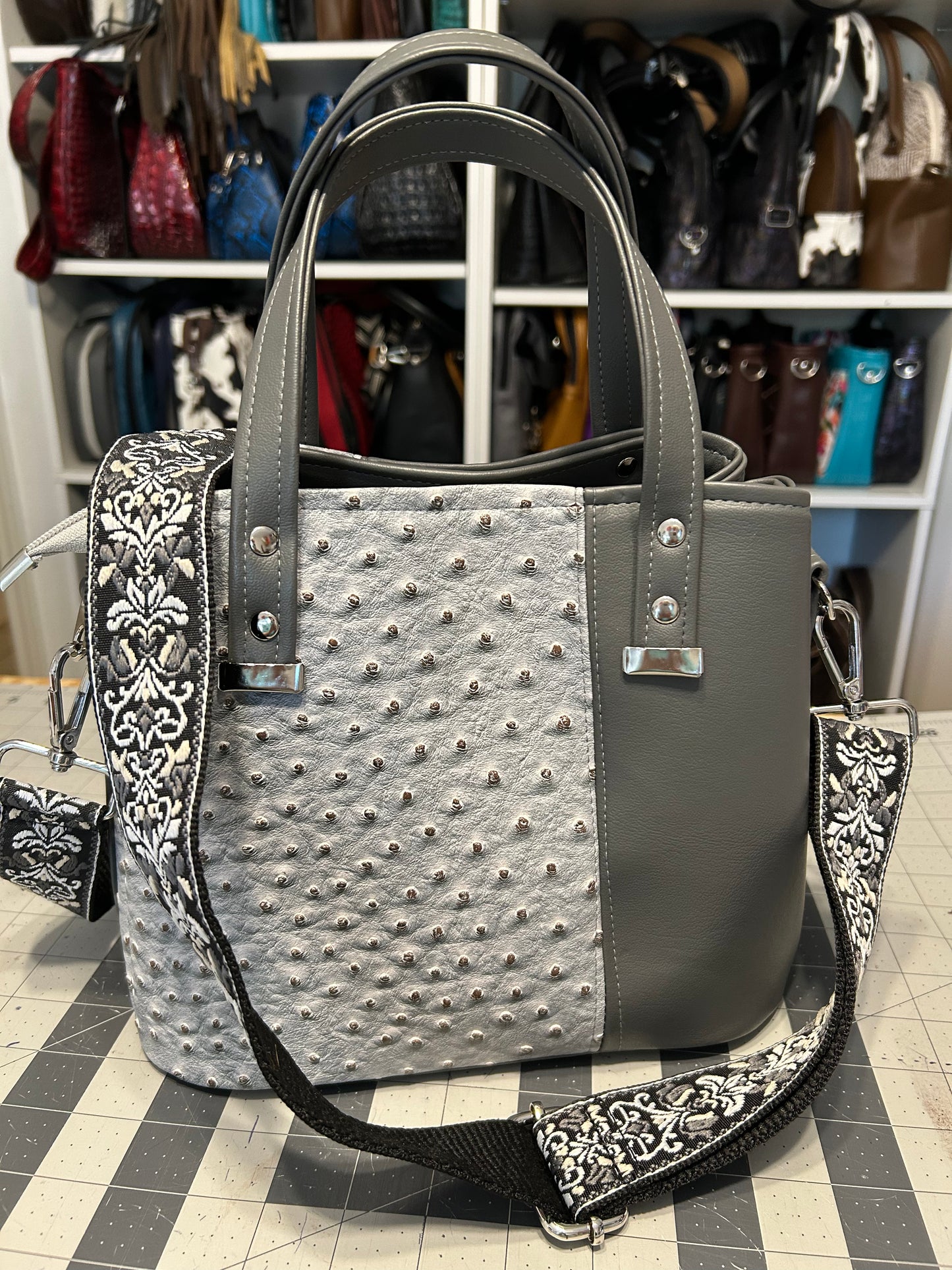 Grey Ostrich embossed Divided Handbag
