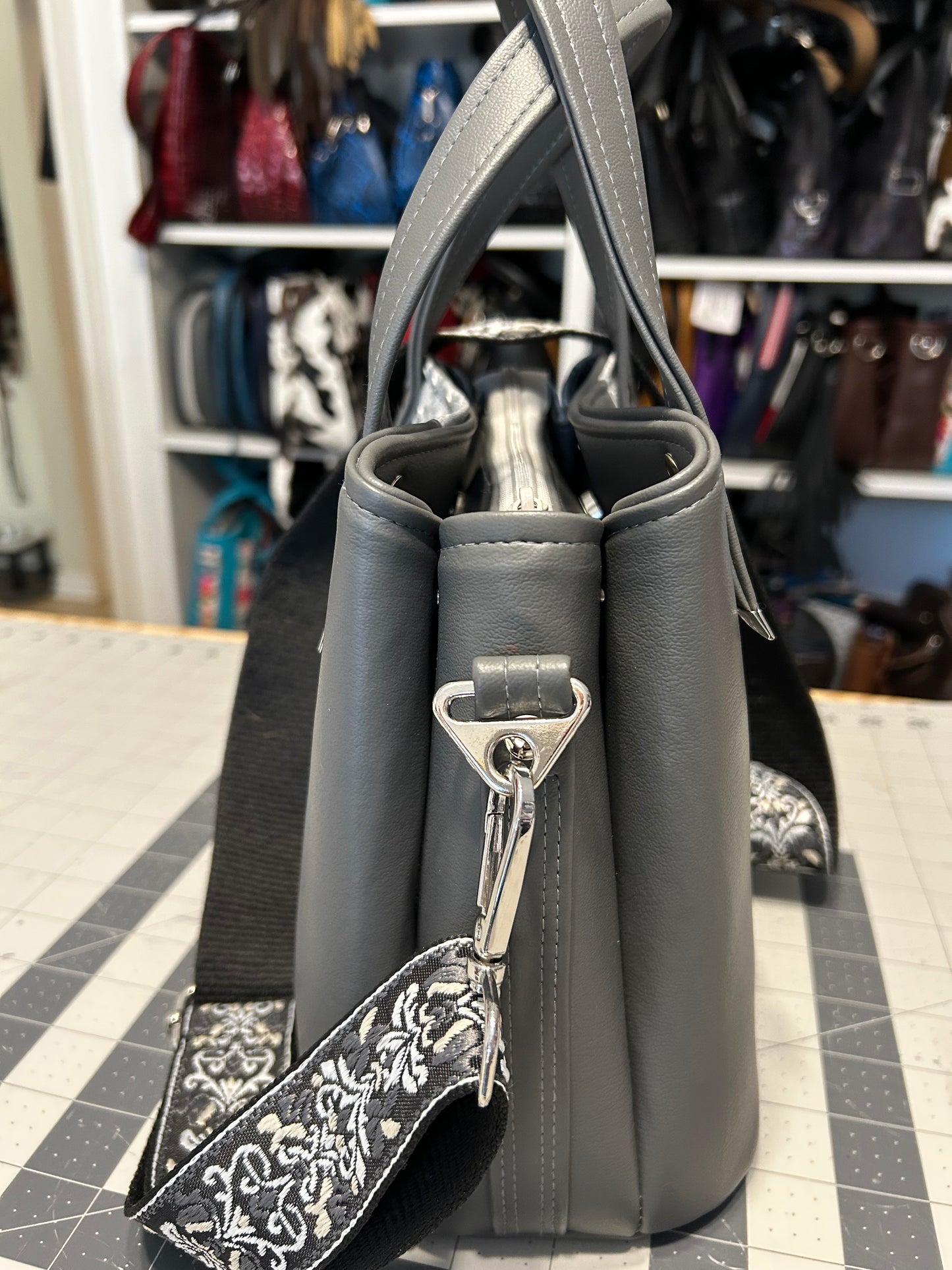 Grey Ostrich embossed Divided Handbag