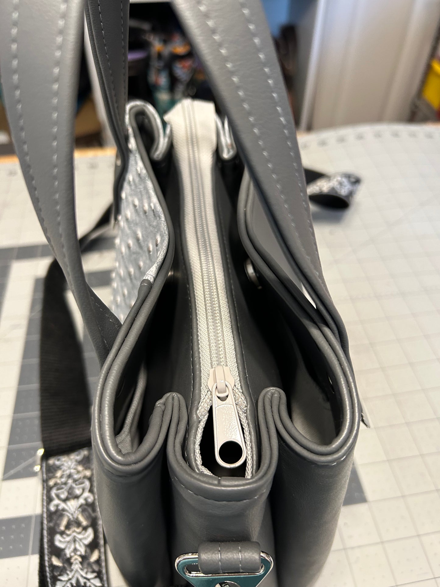 Grey Ostrich embossed Divided Handbag
