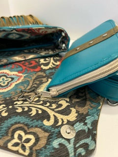 Cross Body bag, Turquoise and suede leather with fringe