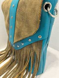 Cross Body bag, Turquoise and suede leather with fringe